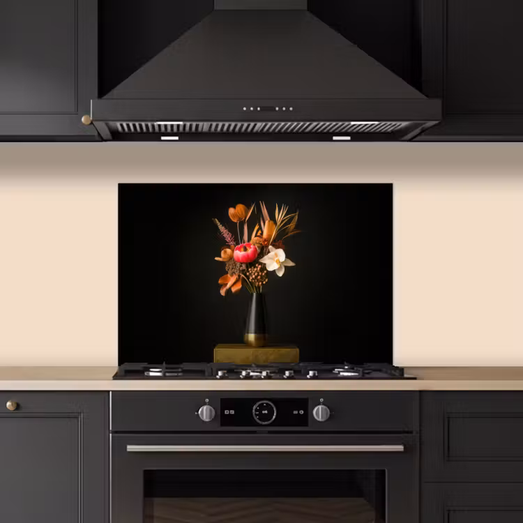 Boeket - Oranje - Gouden - vaas keuken achterwand spatscherm klein -sfeer1