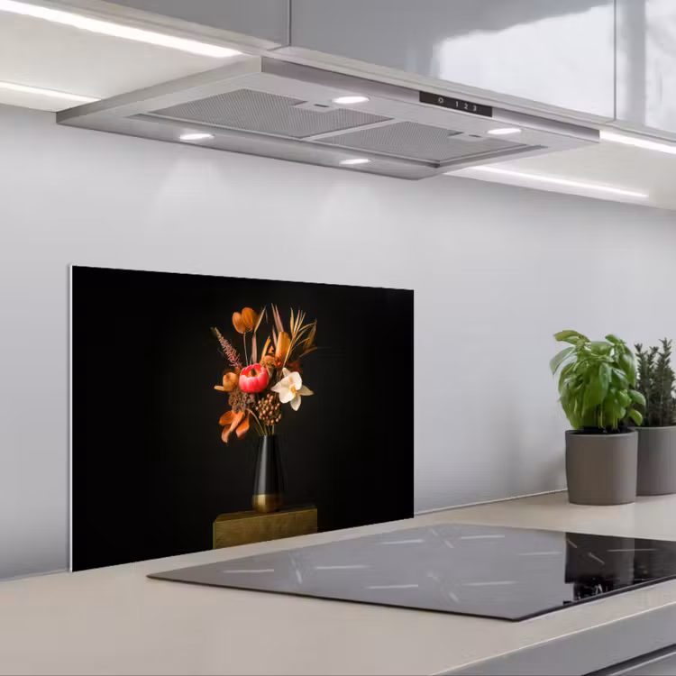 Boeket - Oranje - Gouden - vaas keuken achterwand spatscherm klein -3d_schuin