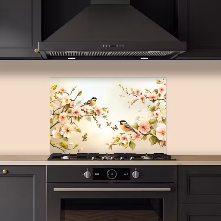 Takken - Bloemen - Vogeltjes - Roze keuken achterwand spatscherm klein -sfeer1