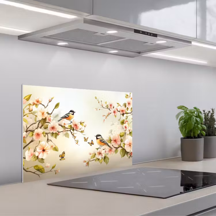 Takken - Bloemen - Vogeltjes - Roze keuken achterwand spatscherm klein -3d_schuin
