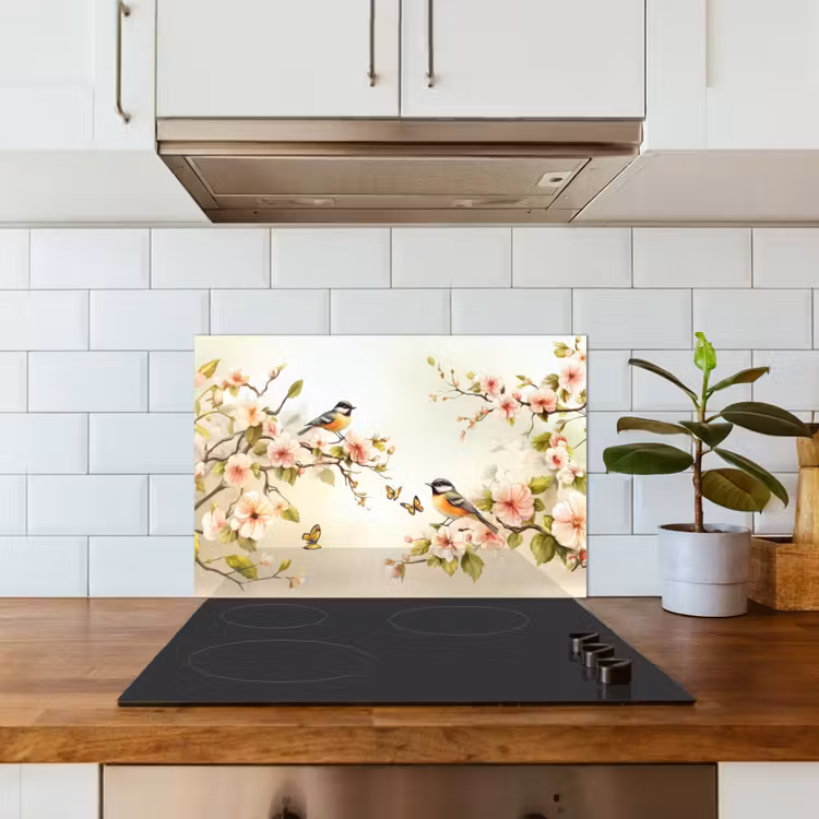 Takken - Bloemen - Vogeltjes - Roze keuken achterwand spatscherm klein -sfeer2