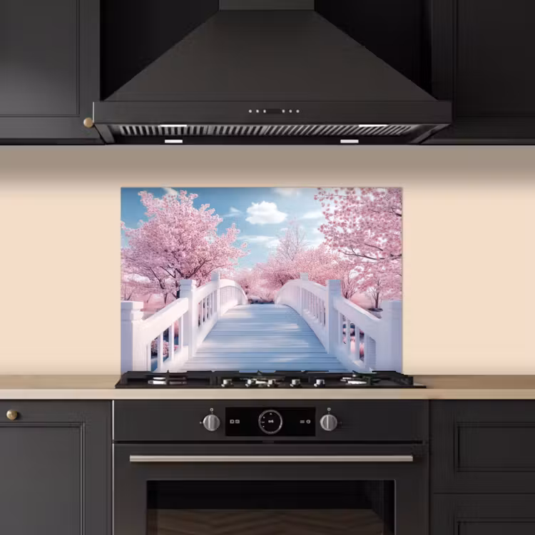 Brug - Kersenbomen - Wit keuken achterwand spatscherm klein -sfeer1