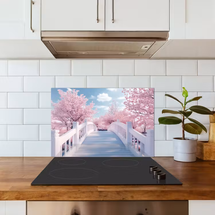 Brug - Kersenbomen - Wit keuken achterwand spatscherm klein -sfeer2