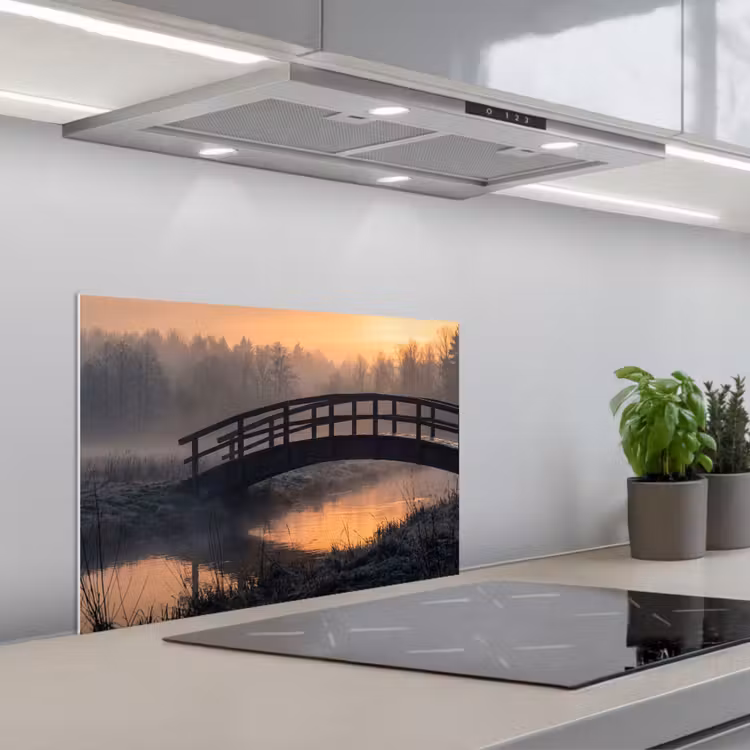 Brug - Mist - Bomen - Water keuken achterwand spatscherm klein -3d_schuin