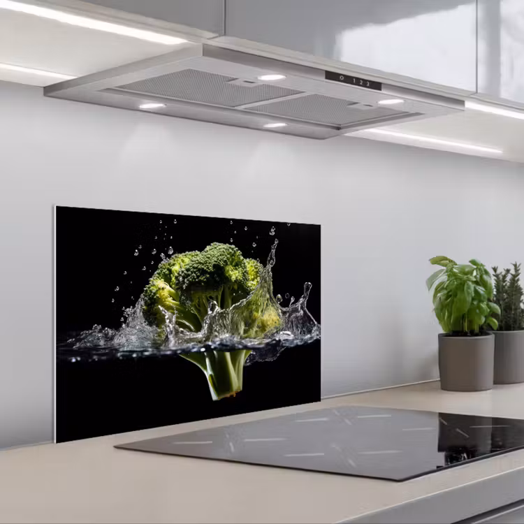 Broccoli - Groen - Water - Zwart keuken achterwand spatscherm klein -3d_schuin