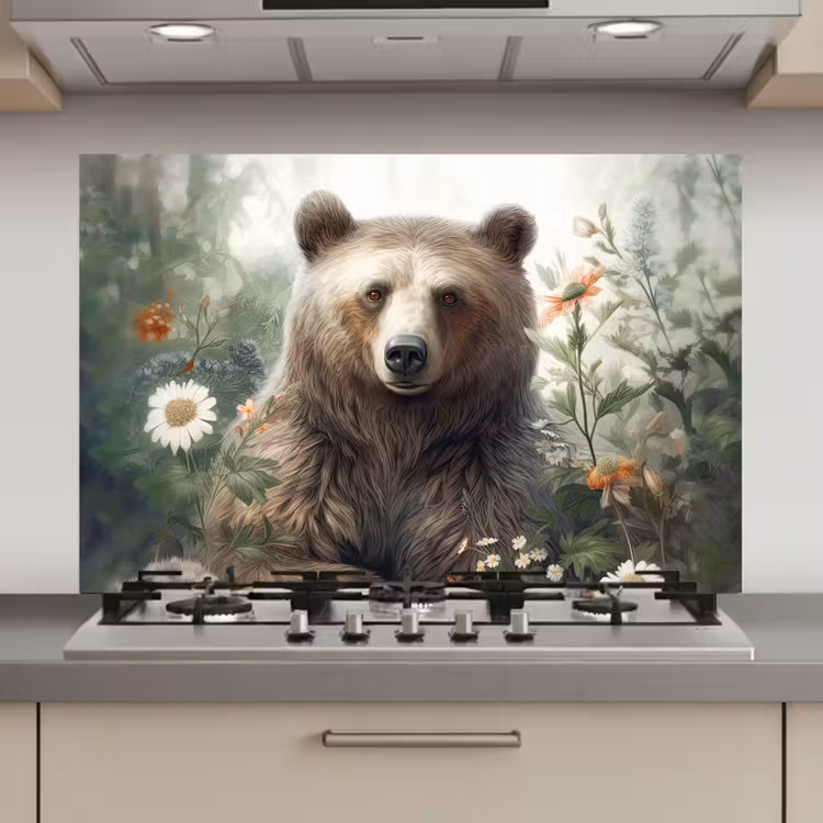 Bruine beer - Wilde dieren - Bloemen - Planten keuken achterwand spatscherm klein -3d_website