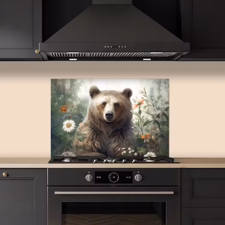 Bruine beer - Wilde dieren - Bloemen - Planten keuken achterwand spatscherm klein -sfeer1