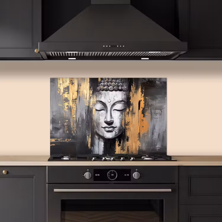 Boedhha - Penseelstreken - Goud - Abstract keuken achterwand spatscherm klein -sfeer1