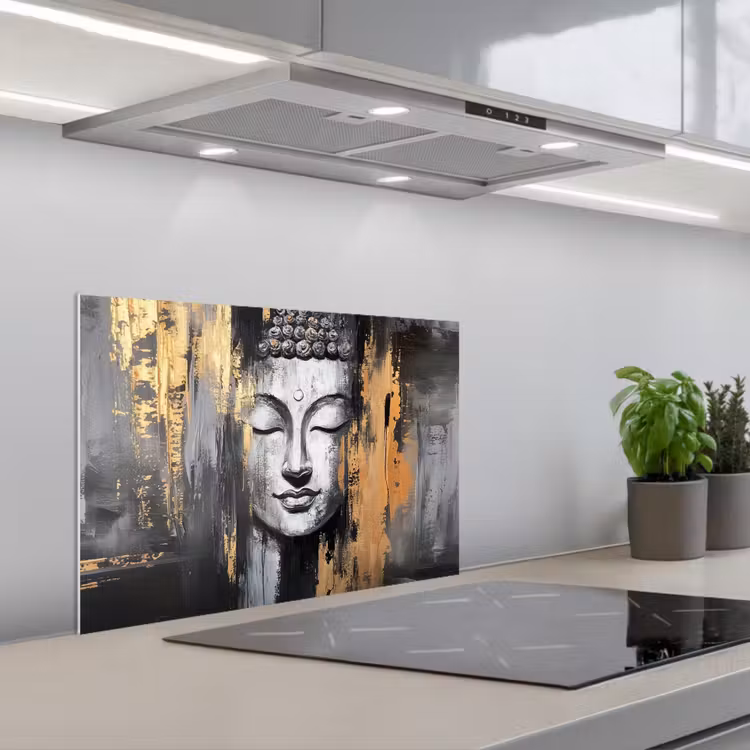 Boedhha - Penseelstreken - Goud - Abstract keuken achterwand spatscherm klein -3d_schuin