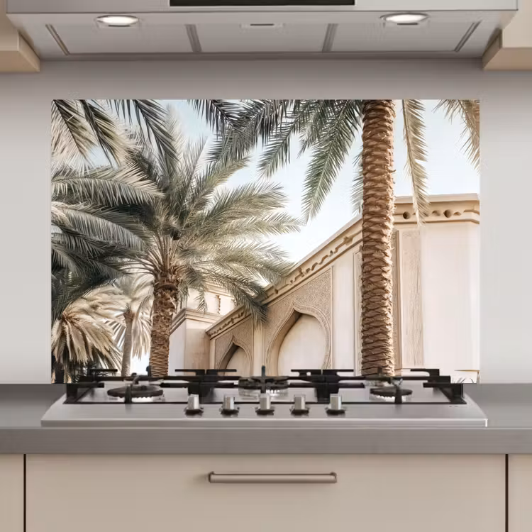 Gebouw - Palmbomen - Beige - Zon keuken achterwand spatscherm klein -3d_website