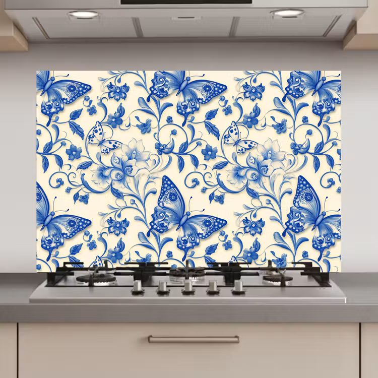 Vlinders - Bloemen - Blauw - Botanisch keuken achterwand spatscherm klein 900 -3d_website