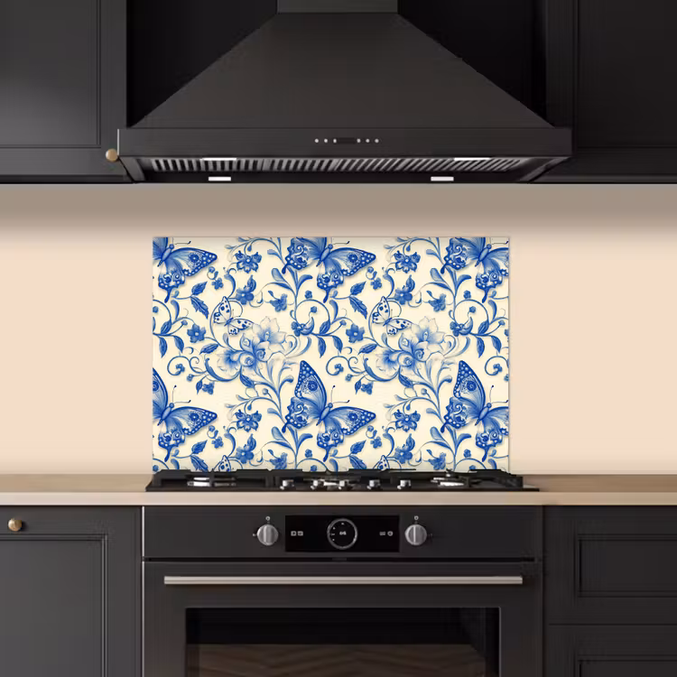 Vlinders - Bloemen - Blauw - Botanisch keuken achterwand spatscherm klein 900 -sfeer1