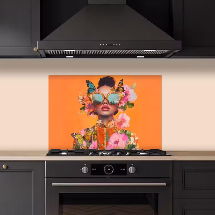 Vlinders - Vrouw - Zonnebril - Kleurrijk keuken achterwand spatscherm klein -sfeer1