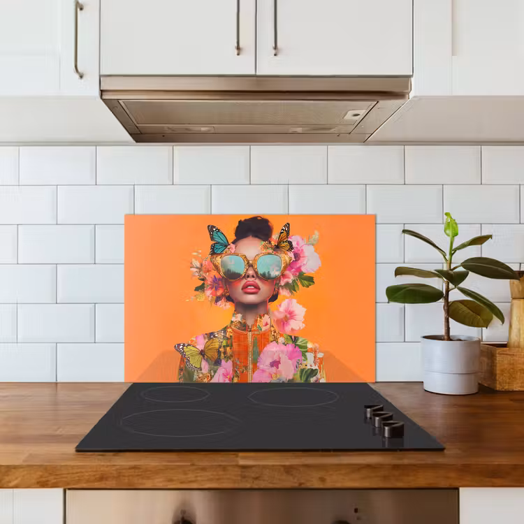 Vlinders - Vrouw - Zonnebril - Kleurrijk keuken achterwand spatscherm klein -sfeer2