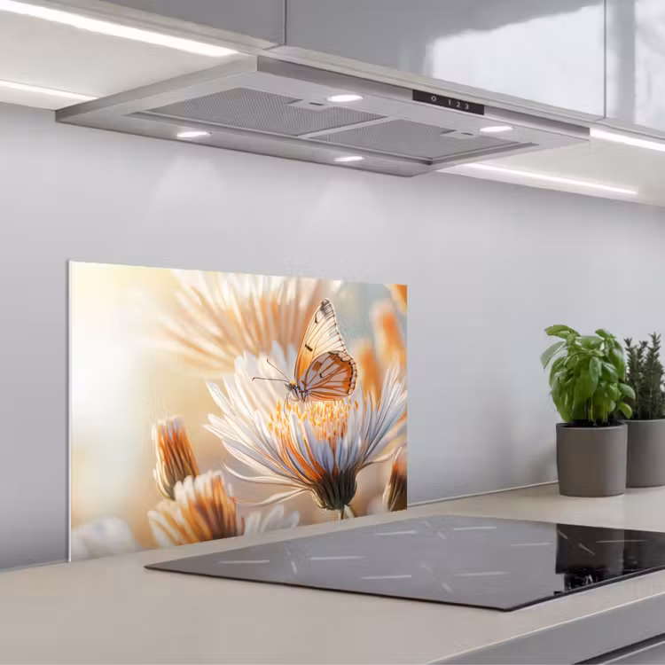 Vlinder - Bloem - Oranje keuken achterwand spatscherm klein -3d_schuin