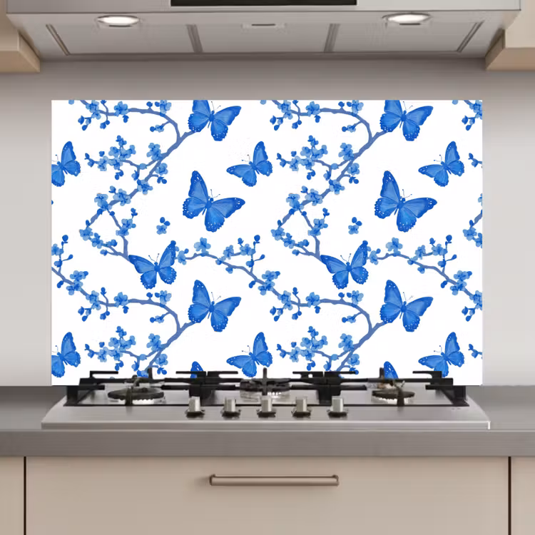 Vlinder - Bloemen - Blauw keuken achterwand spatscherm klein 900 -3d_website