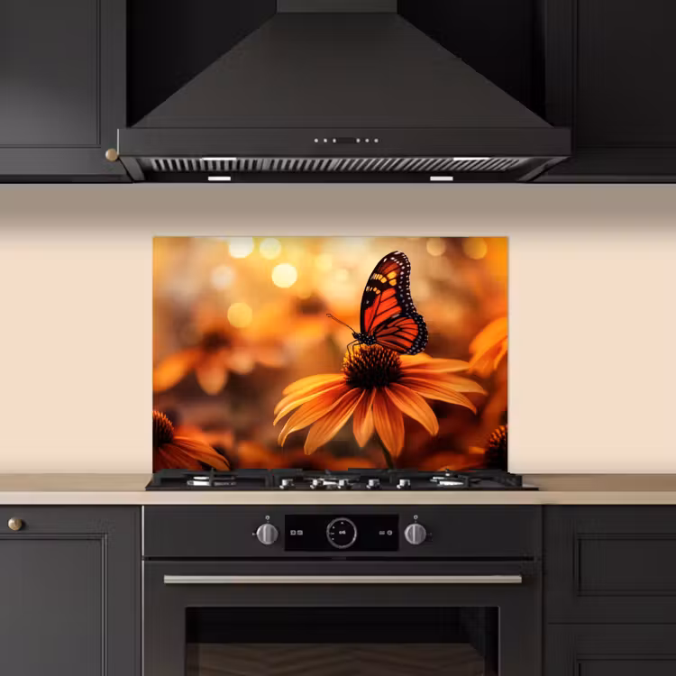Vlinder - Bloemen - Oranje keuken achterwand spatscherm klein -sfeer1