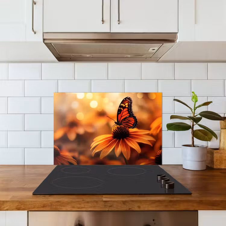 Vlinder - Bloemen - Oranje keuken achterwand spatscherm klein -sfeer2