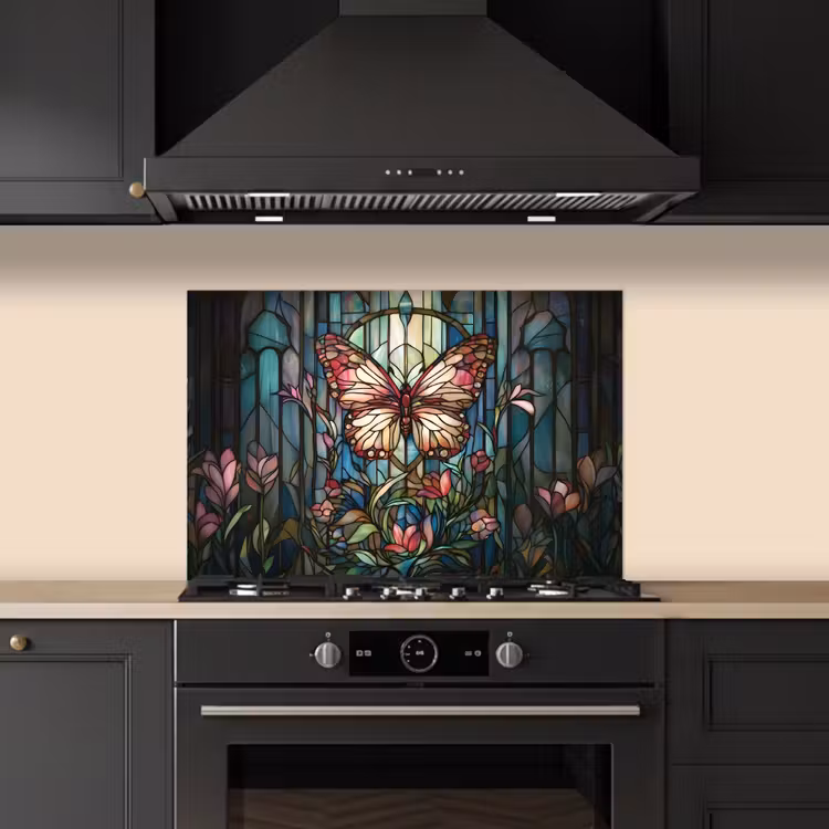 Vlinder - Roze - Bloemen - Bladeren keuken achterwand spatscherm klein -sfeer1