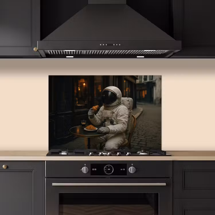 Café - Croissant - Koffie - Astronaut keuken achterwand spatscherm klein -sfeer1