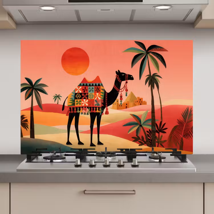 Kameel - Gekleurd tapijt - Duinen - Rode zon keuken achterwand spatscherm klein -3d_website