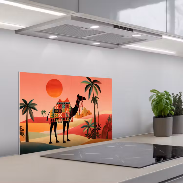 Kameel - Gekleurd tapijt - Duinen - Rode zon keuken achterwand spatscherm klein -3d_schuin