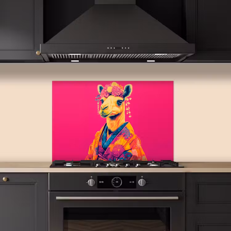 Kameel - Bloemen - Kimono - Waaiers keuken achterwand spatscherm klein -sfeer1