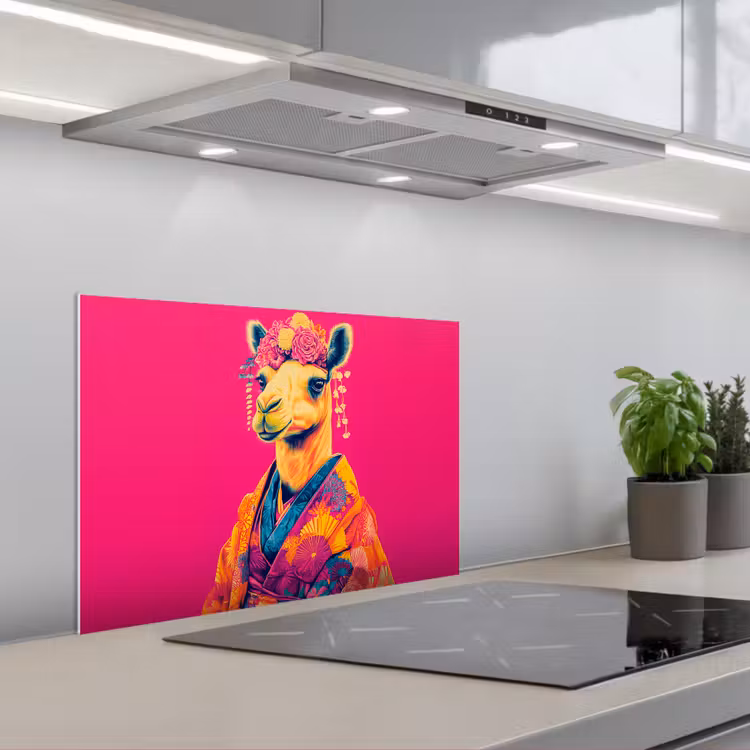 Kameel - Bloemen - Kimono - Waaiers keuken achterwand spatscherm klein -3d_schuin
