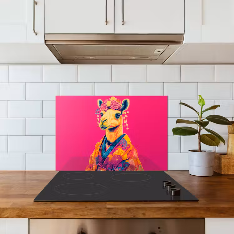 Kameel - Bloemen - Kimono - Waaiers keuken achterwand spatscherm klein -sfeer2