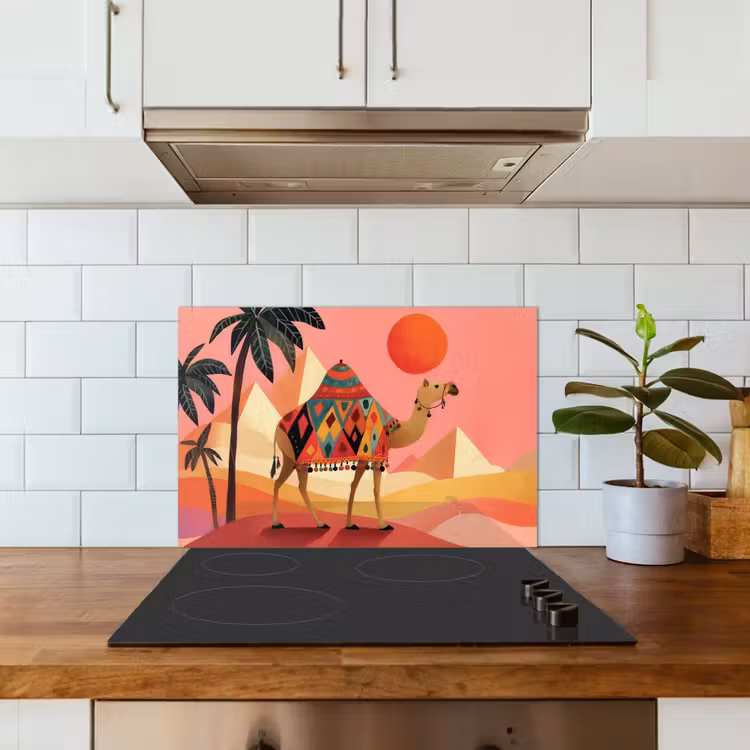 Kameel - Pyramides - Rode zon keuken achterwand spatscherm klein -sfeer2