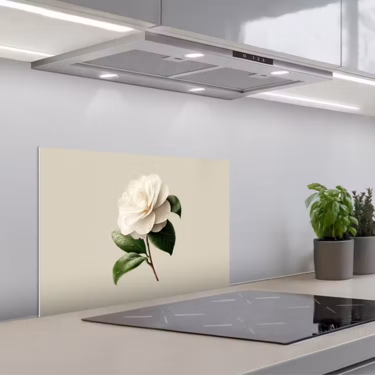 Cameliabloem - Wit - Groen keuken achterwand spatscherm klein -3d_schuin