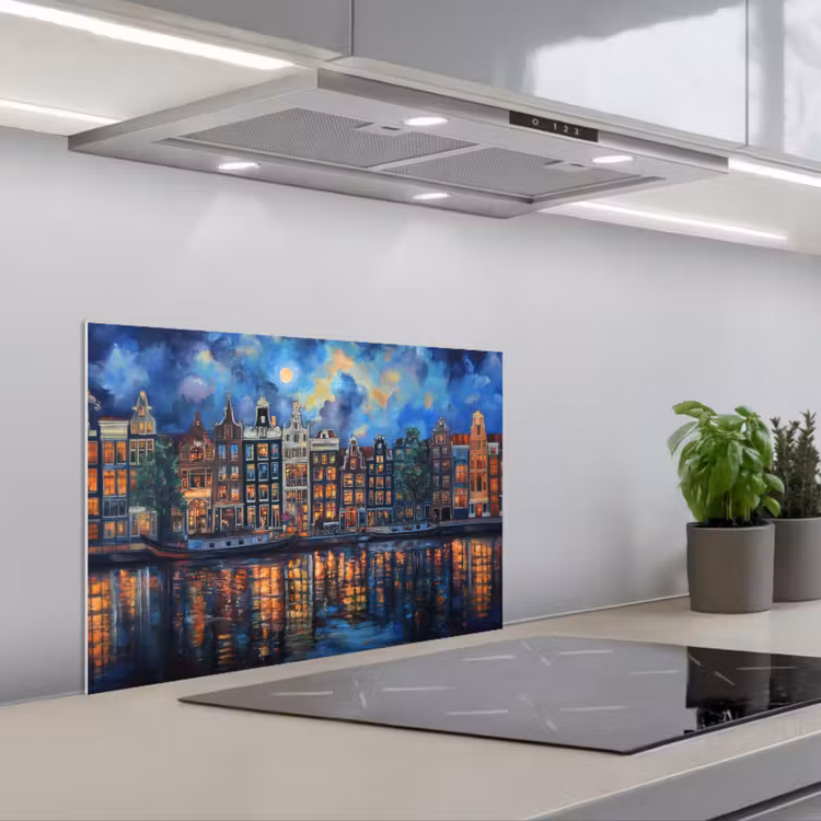 Grachten Amsterdam - Huizen - Stad - Kleurrijk keuken achterwand spatscherm klein -3d_schuin