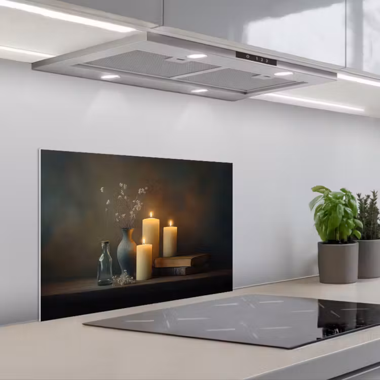 Kaarsen - Stilleven - Rustiek - Boeken keuken achterwand spatscherm klein -3d_schuin