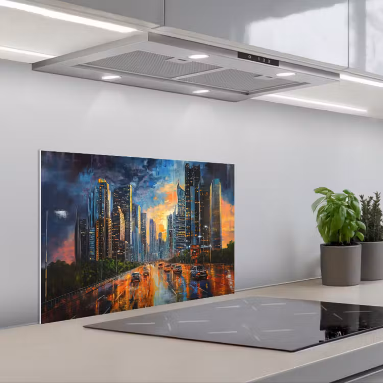 Auto - Skyline - Zon - Blauw keuken achterwand spatscherm klein -3d_schuin