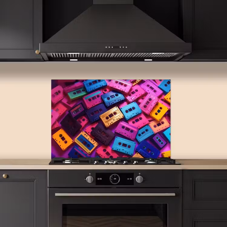 Cassetteband - Kleurrijk - Energiek keuken achterwand spatscherm klein -sfeer1