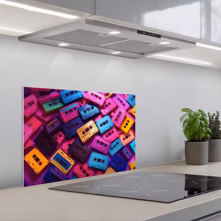 Cassetteband - Kleurrijk - Energiek keuken achterwand spatscherm klein -3d_schuin