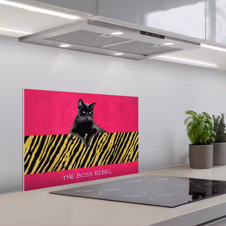 Kat - Baas - Roze - Tijgerprint keuken achterwand spatscherm klein -3d_schuin