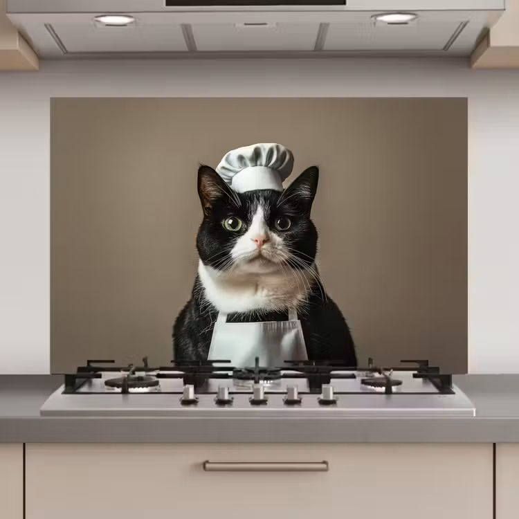 Kat - Kokskleding - Zwart - Wit keuken achterwand spatscherm klein -3d_website
