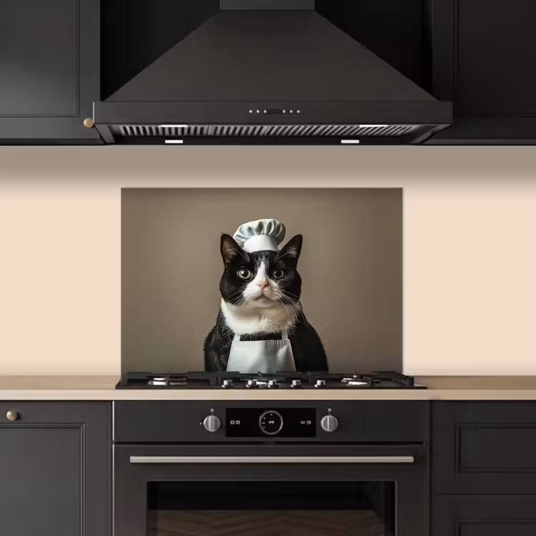 Kat - Kokskleding - Zwart - Wit keuken achterwand spatscherm klein -sfeer1
