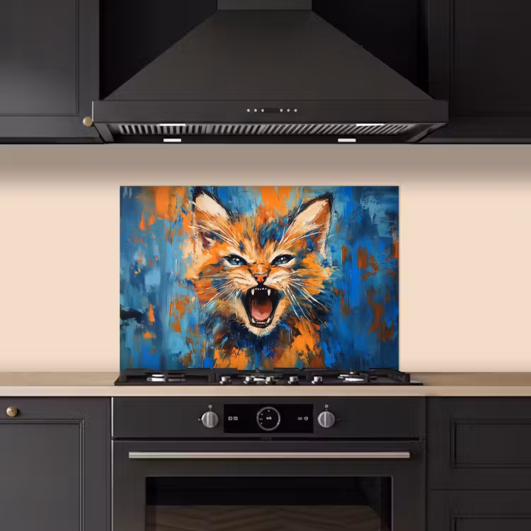 Kat - Kleurrijk - Oranje - Blauw keuken achterwand spatscherm klein -sfeer1