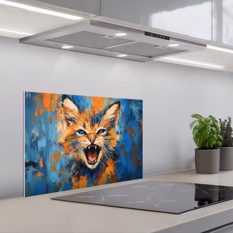 Kat - Kleurrijk - Oranje - Blauw keuken achterwand spatscherm klein -3d_schuin