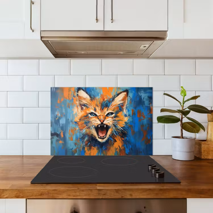 Kat - Kleurrijk - Oranje - Blauw keuken achterwand spatscherm klein -sfeer2