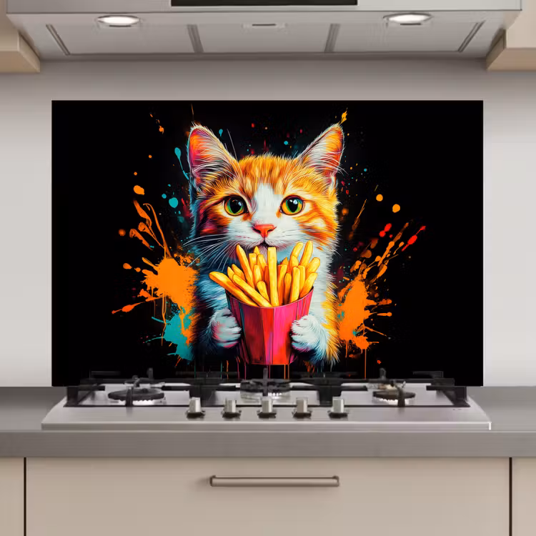 Kat - Eten - Patat - Graffiti - Abstract keuken achterwand spatscherm klein -3d_website
