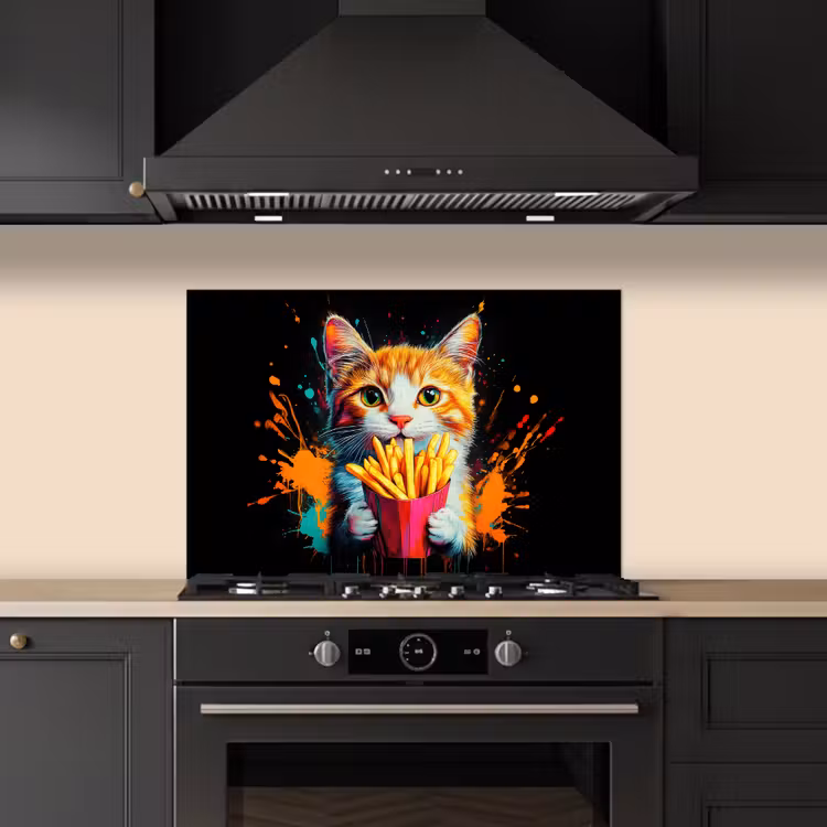 Kat - Eten - Patat - Graffiti - Abstract keuken achterwand spatscherm klein -sfeer1