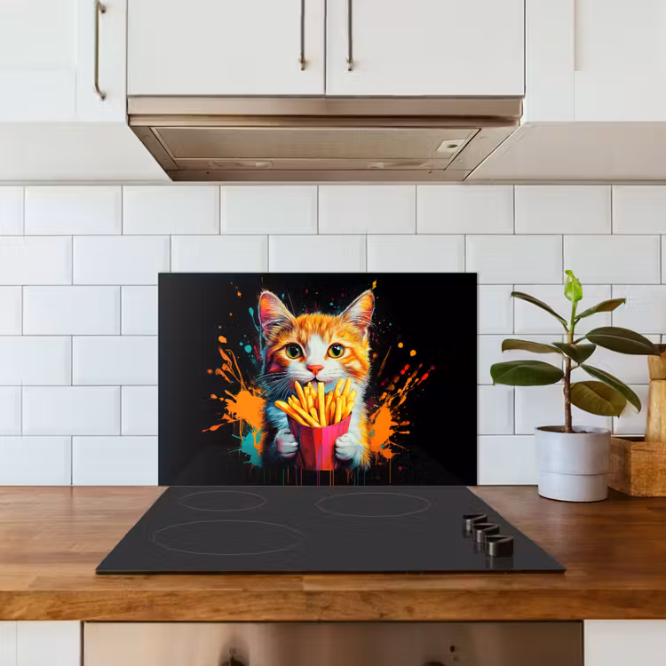 Kat - Eten - Patat - Graffiti - Abstract keuken achterwand spatscherm klein -sfeer2