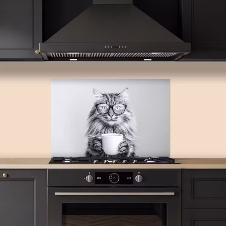 Kat - Bril - Mok - Pluizig keuken achterwand spatscherm klein -sfeer1