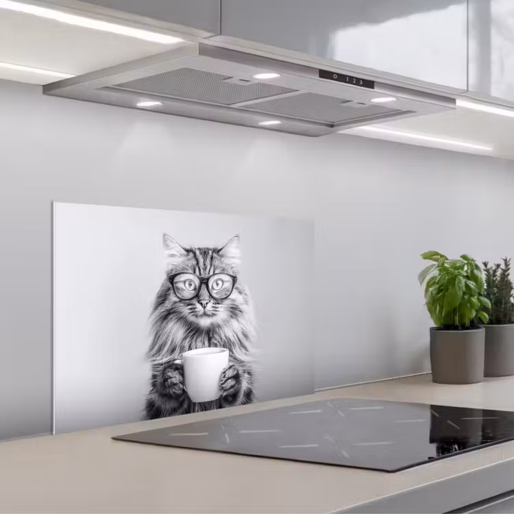Kat - Bril - Mok - Pluizig keuken achterwand spatscherm klein -3d_schuin