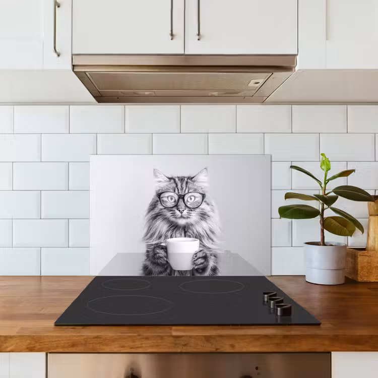 Kat - Bril - Mok - Pluizig keuken achterwand spatscherm klein -sfeer2