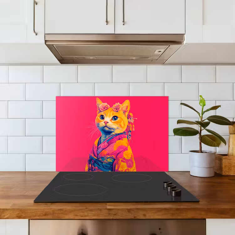 Kat - Kimono - Bloemen - Roze keuken achterwand spatscherm klein -sfeer2