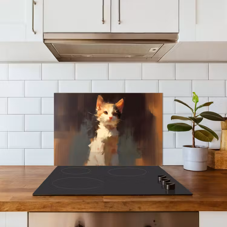 Kat - Geschilderd - Artistiek - Wit keuken achterwand spatscherm klein -sfeer2